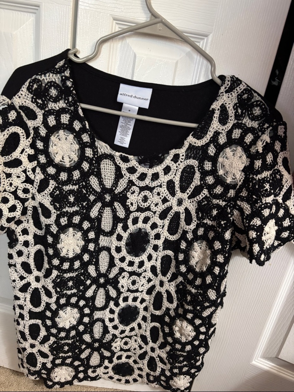 Alfred Dunner Black and Cream Floral Crochet Overlay Tee